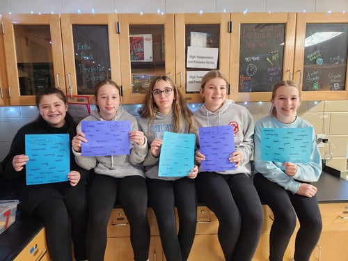 Five 7th graders holding their paper full of positive words