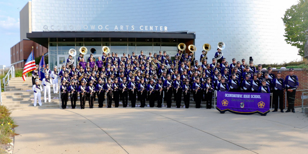 OHS marching band group photo in front of OAC