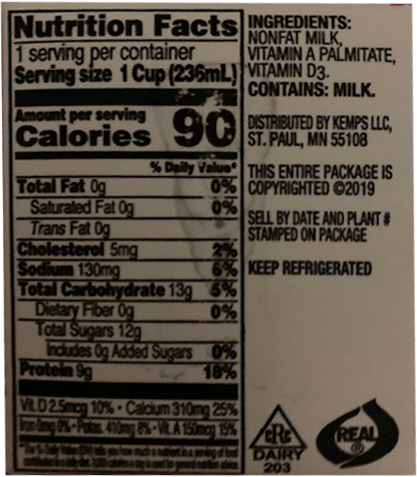 Skim Milk Nutrition Information